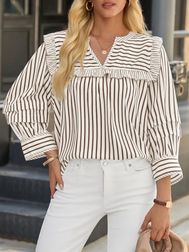 Cicy Bell Womens Striped Babydoll Tops Ruffle V Neck Puff Sleeve Blouses Loose Fit Cute Flowy Shirts4