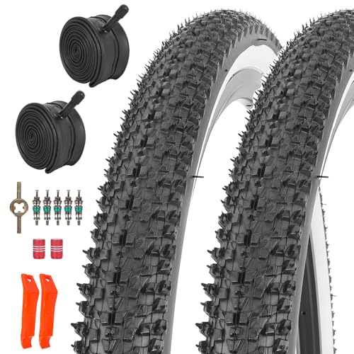 RUHUO 2-Pack 26 x 1.95 Pneus Et Tubes De Vélo, 26 Pouces Vélo De Montagne Pneus Set, Remplacement Pliants avec Leviers De pour Hors Route (Black & White)