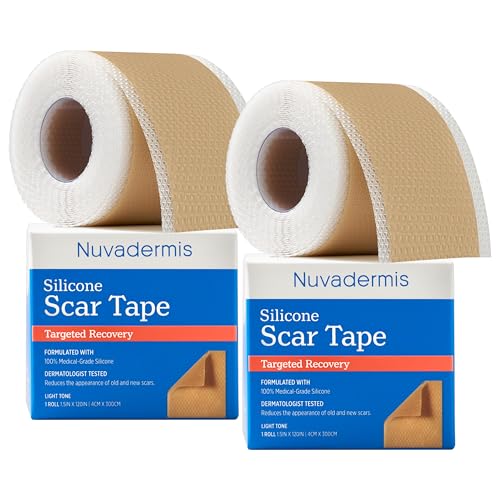 Image of NUVADERMIS Silicone Scar Tape for Surgical Scars, 10 ft Roll, 2 Pack, Light | Silicone Scar Sheets for Old & New Scars, Keloid Scars, and Wrinkles - Dermatologist Approved, Medical Grade, Latex Free