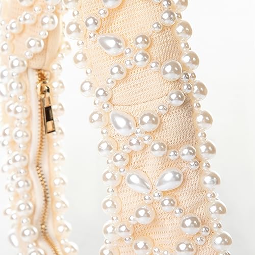 Image of Women Artisanal Acrylic Pearl Clutch Exquisite Beads and Fabric Woven Shoulder Bag Evening Satchal for Wedding Party (L)