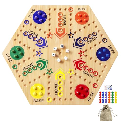 Wooden Board Game, Original Marble Game Double Sided Painted 2 to 6 Player Fast Track Board Game Wooden with 6 Colors 24 Marbles 6 Dice for Adults...