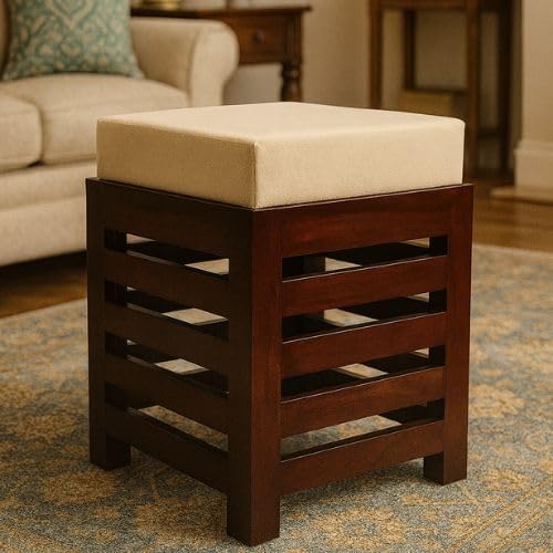 Image of Wooden Ottoman Stool with Cushioned Seat | Modern Square Footrest Pouffe for Living Room Bedroom | Solid Wood Accent Stool for Home Decor Seating (Brown, 12 By 12 Inches)