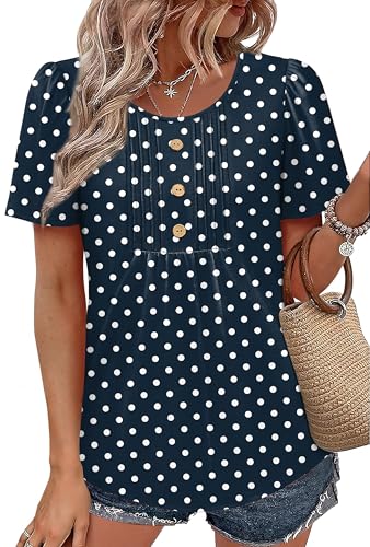 Image of Womens Tops Dressy Casual Blouses Short Sleeve Shirts Plus Size Fashion Clothing Spring Summer Outfits Button Pleated Front