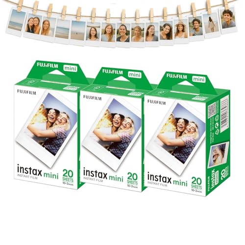Fujifilm Instax Mini - Película instantánea de 3 x 20 (60 fotos) + juego de suspensión con pinzas y correa - MALUI Bundle