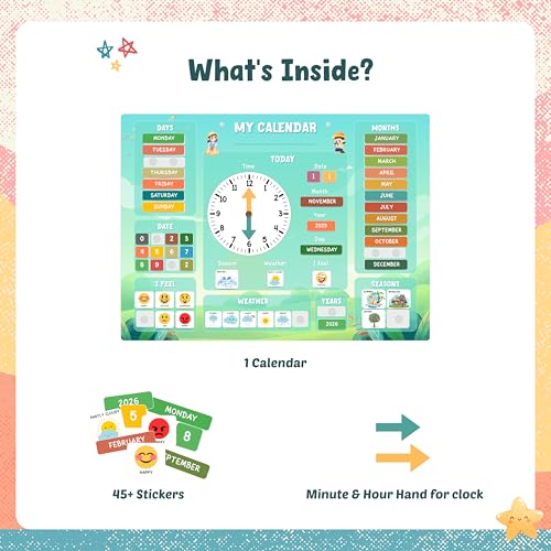 Image of My Daily Calendar & Clock for Kids (Ages 3-7) | Reusable Learning Board with Stickers | Teach Time, Days, Months, Weather & Routines