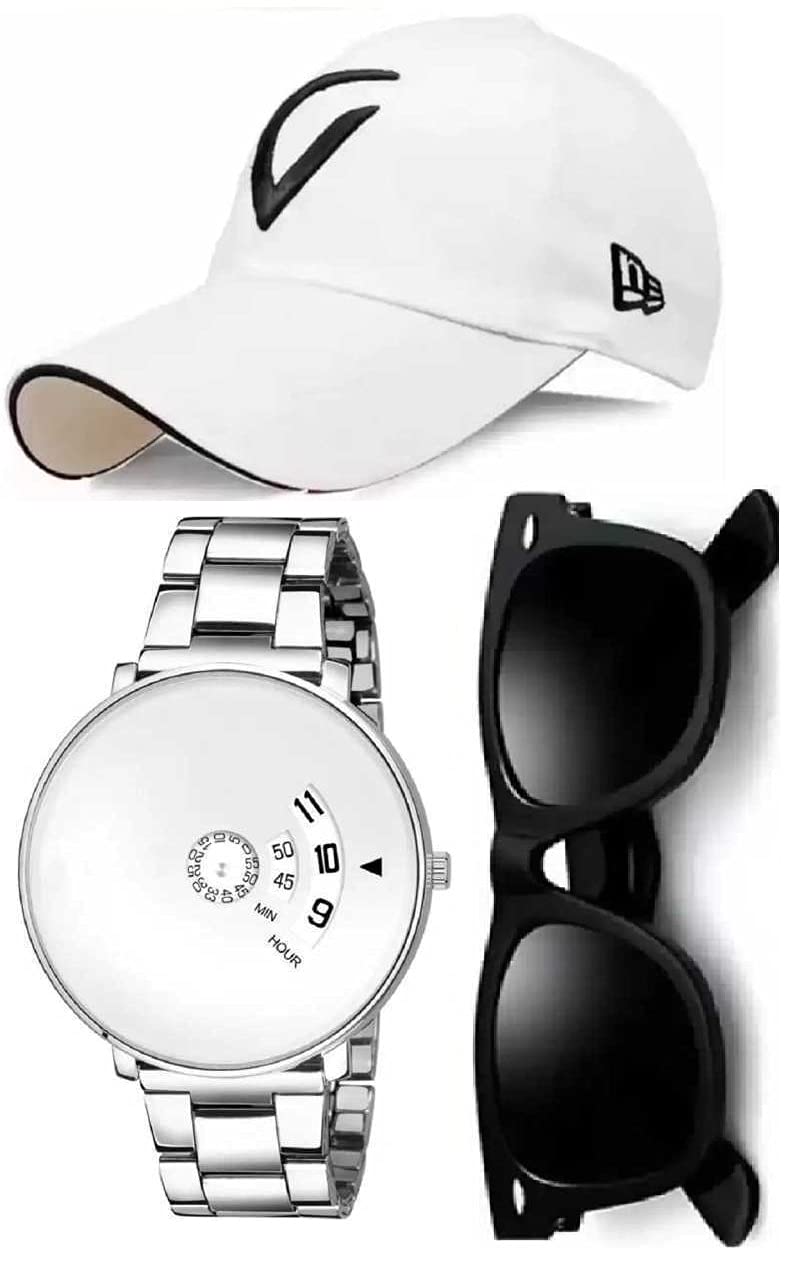 SELLORIA BRAND white Analogue Stainless Steel Watch with Black Sunglass with basboll Cap white combo of boys and kids