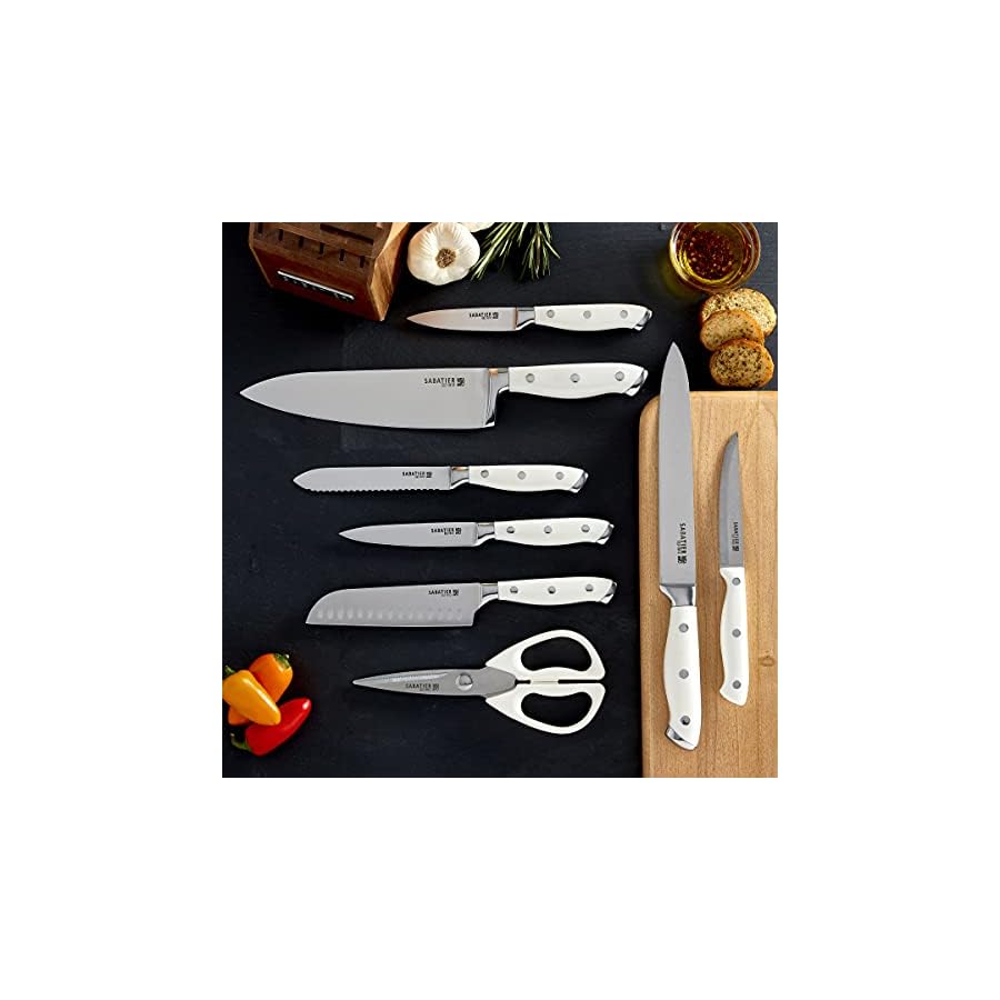 Sabatier-15-Piece-Forged-Triple-Rivet-Knife-Block-Set-High-Carbon-Stainless-Steel-Kitchen-Knives-Razor-Sharp-Knife-set-with-Acacia-Wood-Block-White-Handles Sabatier 15-Piece Forged Triple Rivet Knife Block Set, High-Carbon Stainless Steel Kitchen Knives, Razor-Sharp Knife set with Acacia Wood Block, White Handles