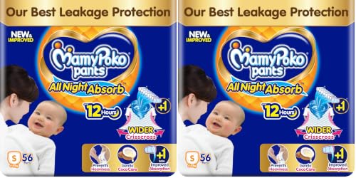 Image of MamyPoko New Pants All Night Absorb|Pant Style Baby Diapers Small Size(S), 56 Count, Ideal for 4-8Kgs|1 Diaper: Upto All Night Absorption now with increased power of +1glass|Wider Crisscross Sheet