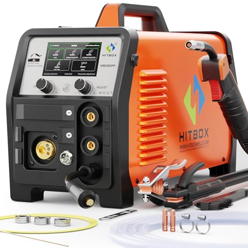 HITBOX Soldadora 8 en 1 200A Dual Pulse MIG Aluminio, 230V Multi Proceso para MIG, Lift TIG, MMA, Soldadura a Puntos, Gas/Sin Gas, Spool Gun Ready(HIM250DPP)