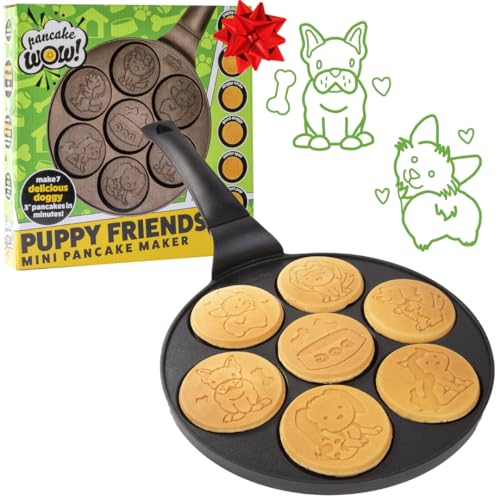 Puppy Friends Mini Pancake Pan- Make 7 Unique Flapjacks- Nonstick Griddle w Long Handle for Breakfast Pup Animal Fun & Easy Cleanup Fun Dog Related Xmas Gift for Kids & Adults, Boys Girls, Party Treat