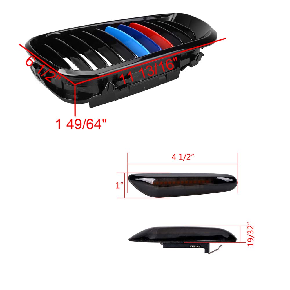 Gloss Black M-Color Front Kidney Grille w/ T10 Smoked Turn Signal Indicator Side Marke Light Compatible with BMW 2002-2005 E46 320i 325i 330i 4DR LCI