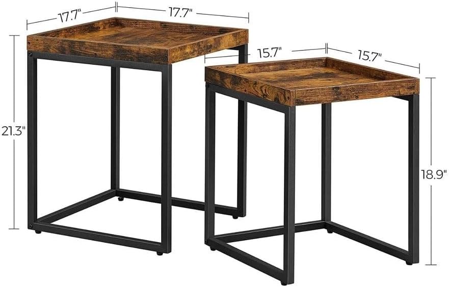 VASAGLE Coffee Tables, Set of 2 Side Tables, End Tables with Raised Edges, Nesting Tables for Living Room, Industrial Rustic Brown and Black ULNT222B01