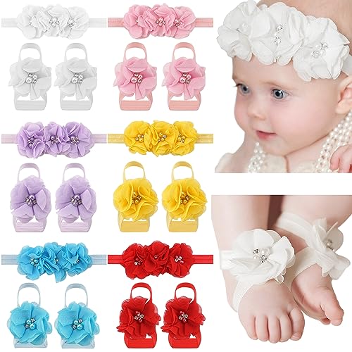 Image of CellElection 6 Colors Baby Girls Flower Headbands, Barefoot Sandals, Pearl Hairbands & Foot Bands for Newborns, Infants, Toddlers