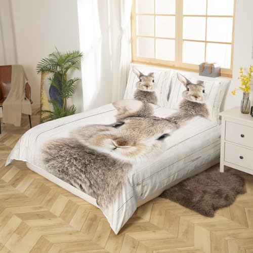 Homewish Brown Rabbit Duvet Cover Rustic Farmhouse Wooden Background Bedding Set Super King Cute Woodland Animal Comforter Cover For Kids Boys Girls Wild Bunnies Quilt Cover With Zipper 3 Pcs - Image 3