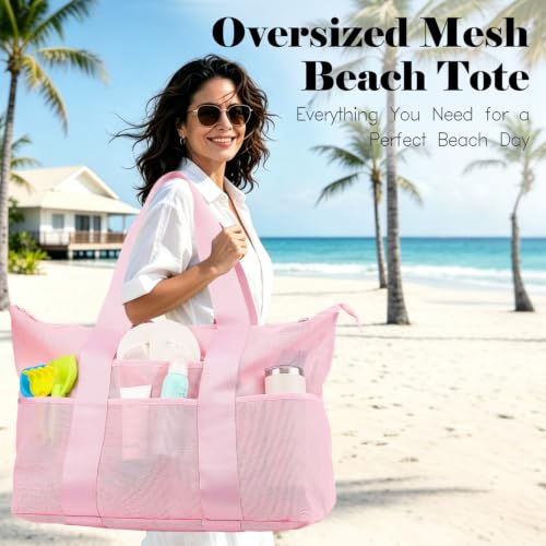 Image of Fammart Large Mesh Beach Bag for Women, Oversized Beach tote Swim Pool Bag