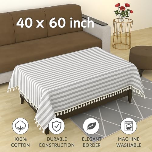 Image of Rectangular Cotton Stripes Sofa Table Cloth with Beatiful Lace (40x60 inch) Grey