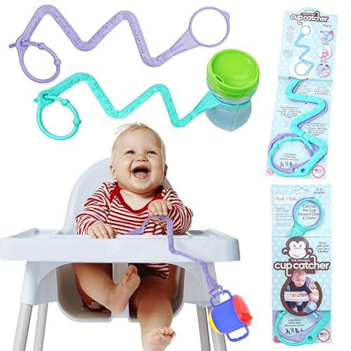 Image of Brilli Baby Cup Catcher Patented Safety Tether Strap, Attach Sippy Cups, Bottles, Pacifiers & More to Stroller, High Chair, Car Seat, Made in USA, Food Grade, Dishwasher Safe, Lavender/Aqua