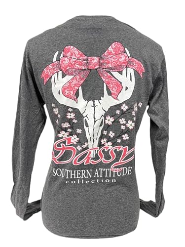 Southern Attitude Dogwood Sassy Deer Skull Bow Dark Heather Long Sleeve Shirt (Small)