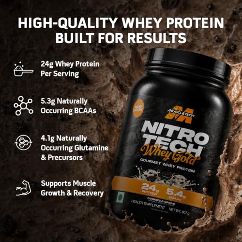 Image of MuscleTech Nitro-Tech Whey Gold Protein Powder | 24 g Protein & 5.4 g BCAAs Per Serving | Supports Lean Muscle & Faster Recovery | Cookie & Cream| 907g