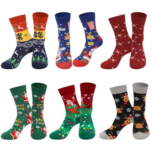 Teokantz Meias de Natal para homem, meias de tripulação para homens e mulheres, meias coloridas de peluche de Natal, meias estampadas coloridas, 6 pares 37-43