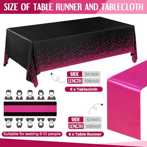 Image of Breling 12 Pack Black and Hot Pink Disposable Plastic Tablecloths and Satin Table Runner Set, 54 x 108 Inch Tablecloth, 12 x 108 Inch Table Runners for Wedding Graduation Birthday Baby Shower