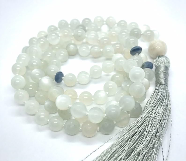 Naturalny biały błyszczący mleczny kamień księżycowy, cyjanit 8–12 mm 108 koralików mala, duchowe, koraliki do medytacji, Reiki, Japa Mala, buddyjskie koraliki modlitewne, bransoletka do jogi,