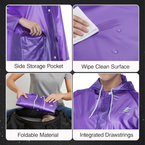 Image of Amazon Brand - Symactive Women's Raincoat | Waterproof Lightweight One Piece PVC Long Coat with Hood | Snap Buttons | Side Pocket | Drawstring Hood | Purple, M