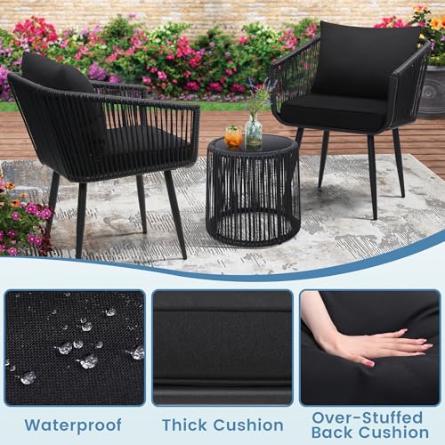 Image of Kromax 3-Piece Patio Rattan Bistro Conversation Set, Black | Outdoor All-Weather Wicker Furniture Chairs and Side Table Set, Ideal for Balcony, Porch and Backyard