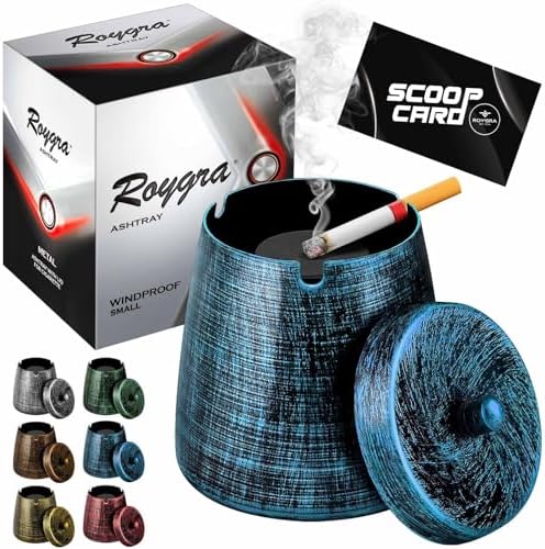 roygra Ashtray with Lid, Windproof Smokeless Metal Ashtray – Blue, Small Size (3.81 x 3.08 x 3.08’’)