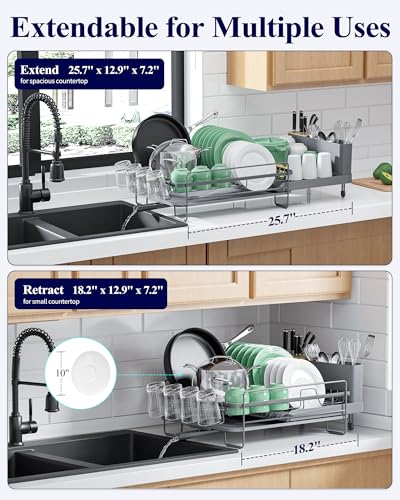 Kitsure Extendable Dish Drying Rack, Large Drying Dish Rack with Cutlery & Cup Holders, Multifunctional Dish Racks for Counter with Drainage, 18.2"-25.7" L x 12.9" W, Grey - Image 4