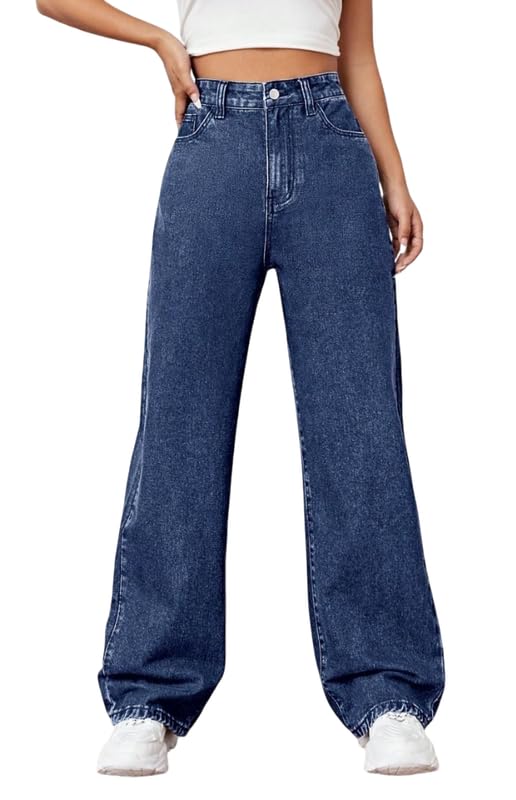 Women's High Waist Wide Leg Jeans for Women | Dark Wash Stretch Denim Palazzo Pants | Full Length Relaxed Fit Casual Straight Loose Jeans with Pockets(WD_Stone Blue_E_26)-picture-27