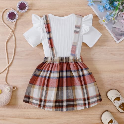 Image of AMMENGBEI Toddler Little Girl Summer Outfits Ribbed Knit Ruffle Tops and Plaid Suspender Skirt Set Kids 2Pcs Clothes
