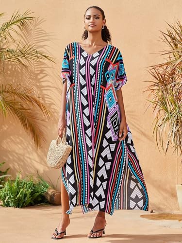 Image of KECVOT Kaftan Dresses for Women V-Neck Print Swimsuit Cover Up Plus Size Beach Caftan Lounge Dress