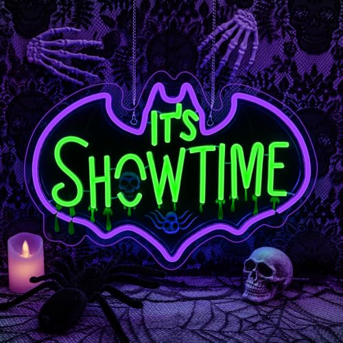 Image of Show Time Neon Sign Bat Skull Light Up for Halloween party Wall Decoration