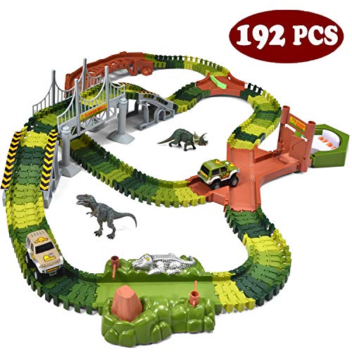 JOYIN Dinosaur Toys 192 Pieces Race Tracks Flexible Train Track Race Car Vehicle