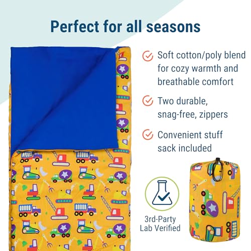 Image of Wildkin Kids Sleeping Bag - Roll-Up Design with Storage Bag for School, Travel & Camping - Under Construction