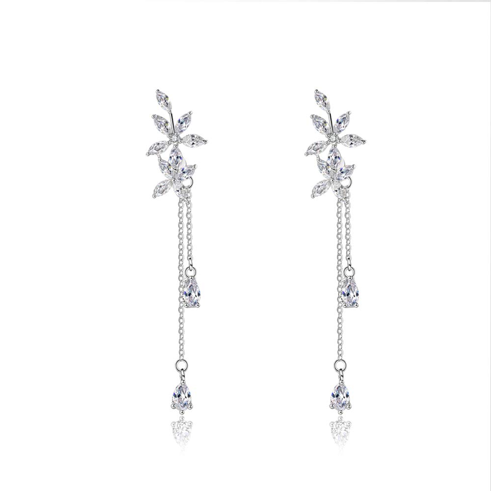 Boucles d'oreilles mariage argent 925 longues à fleurs scintillantes