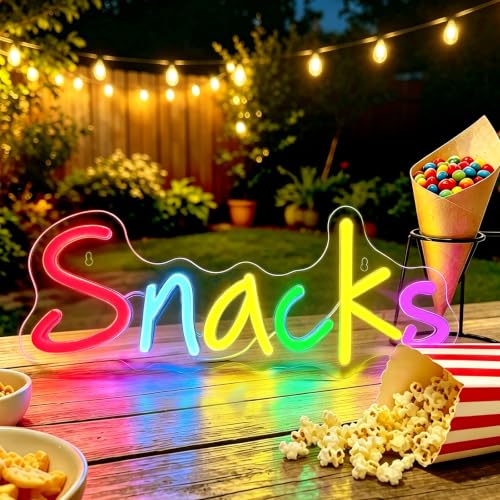 Image of Snacks LED Neon Sign 14.17 Inch USB Wall Decor Light for Snack Bar Kitchen | 10 Level Dimmable | Acrylic Silicone Build | Full Mount Hardware | Low Voltage Safe, Fit Mancave Home Theater Multicolor