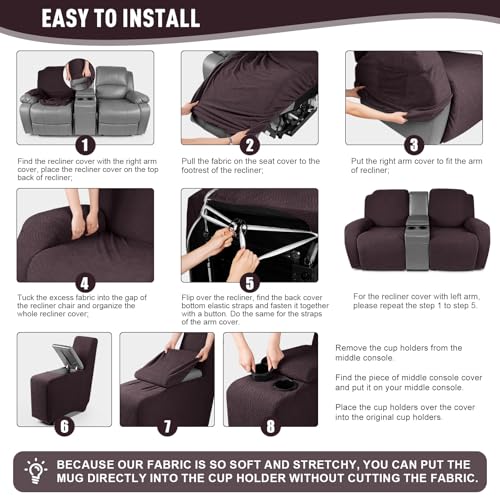 Image of KinCam Loveseat Recliner Covers with Middle Console Slipcover, Recliner Sofa Covers 2 Seat Couch Cover Stripe Jacquard Furniture Protector Covers with Elastic Bottom for Kids, Pets (Dark Coffee)