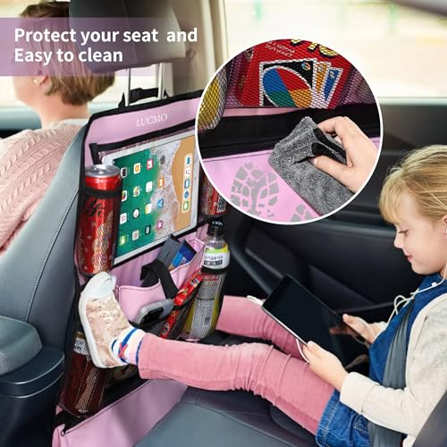 Image of LUCMO Car Backseat Organizer with Touch Screen Tablet Holder, Pink | 2 Pcs,9 Storage Pockets,Clear Tablet Holder,Protectors Kick Mats,Travel Accessories,Seat Cover,Road Trip Essentials