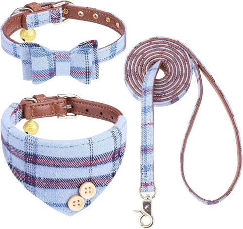 KOOLTAIL Set collare e guinzaglio per cani di piccola taglia con papillon e campane, collare e guinzaglio per cuccioli da uomo con classico motivo scozzese abbinato, guinzaglio in morbida pelle