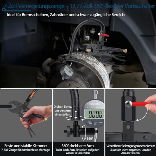ALLmeter Digitaler Bremsscheiben Messuhr, 0-25,4mm/0,0005 Präzision, mit 360° flexibler Halterung und Zange, ideal für bremsscheiben vorne und Werkstattbedarf