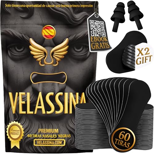 VELASSINA Tiras Nasales Deportivas Pack de 60 Nose Strips, Regalo Ebook, Tiras Bucales para Dormir, Tapones Oídos - Tiritas Nariz Respirar Mejor por la Nariz, Tiras Nasales Antironquidos, Nasal Strips