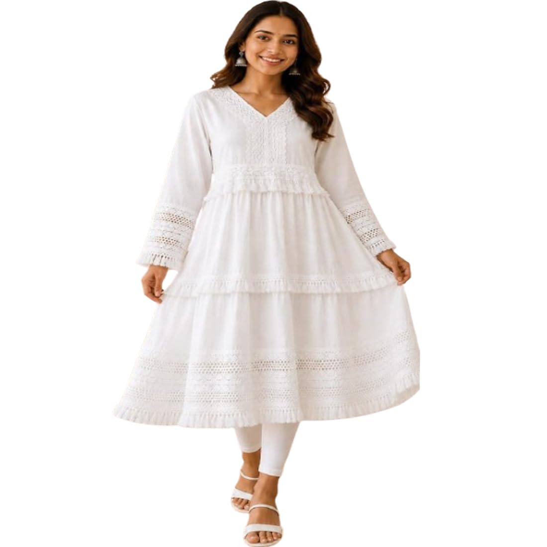 White Tiered Anarkali Summer Elegant V-Nack Dress with Lace Details, Full Sleeves, Ethnic Wear for Women's and Girl's-image-25