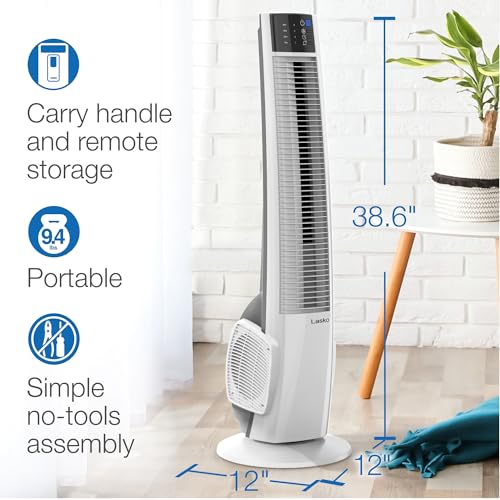 Image of Lasko T38400 Electric Oscillating Hybrid Tower Fan with Timer and Remote Control for Indoor, Bedroom and Home Office Use, White