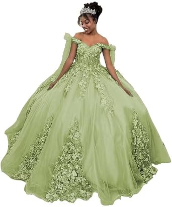 Off Shulder Quinceanera Dress Puffy Tulle Long Ball Gowns with 3D Floral Applique Sweet 16 Princess Prom Dress