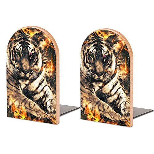 Tiger with Fire Small Wood Bookends Support Non-Slip Heavy Duty Shelves Book Stand for Office Home Kitchen Library