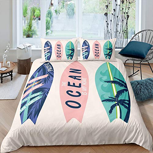 Homewish Surfboard Comforter Cover Set Summer Sea Surfing Theme Duvet Cover Ocean Theme Bedding Set 3pcs for Kids Boys Teens Soft Polyester Quilt Cover with 2 Pillow Cases(No Comforter) Full Size