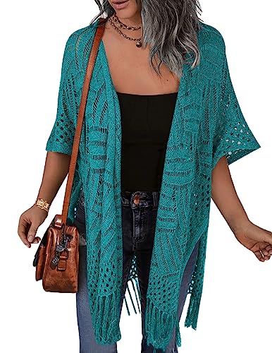 Image of HOTOUCH Womens Knit Cardigan Open Front Outwear Hollow Out Crochet Tassel Lightweight Kimonos Sweater S-XXL