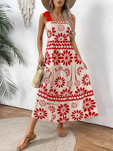 Image of Women's Floral Print Maxi Dress - Adjustable Tie-Shoulder, Lightweight Beach & Summer